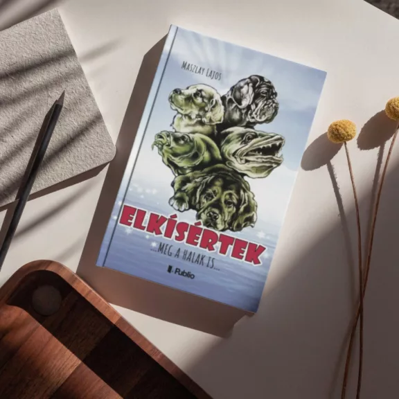 A képen az Elkísértek című könyv látható a háttérben egy kutyával.