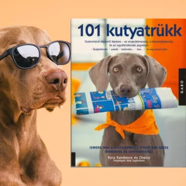 A képen a 101 kutyatrükk című könyv látható egy vizslával a háttérben.