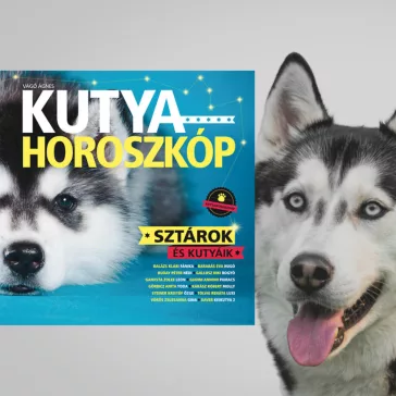 A képen a Kutyahoroszkóp című könyv látható a háttérben egy husky.