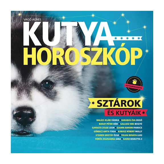 A képen a Kutyahoroszkóp című könyv látható a háttérben egy husky.
