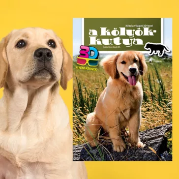 A képen A kölyökkutya 3D című könyv látható egy labradorral a háttérben.
