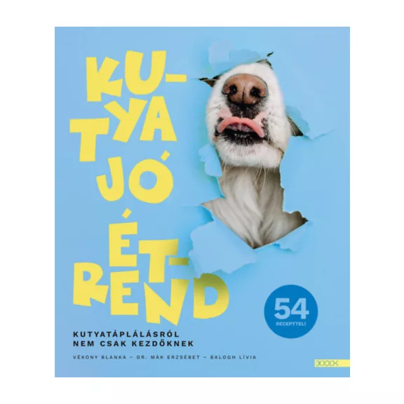 A képen a Kutya jó étrend című könyv látható a háttérben egy labrador.