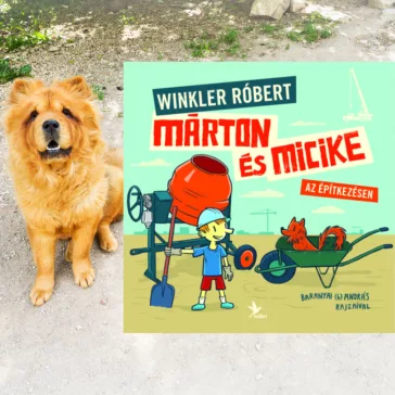 A képen a Márton és Micike az építkezésen című könyv látható a háttérben egy kutyával.