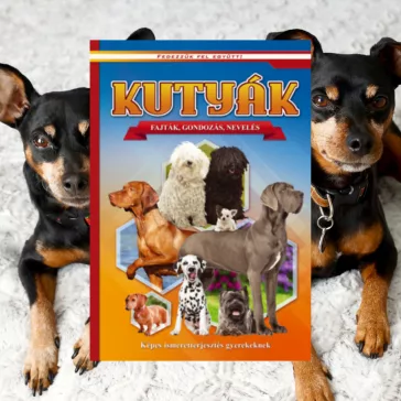 A képen a Kutyák képes ismeretterjesztés gyerekeknek című könyv látható a háttérben két kutyával.