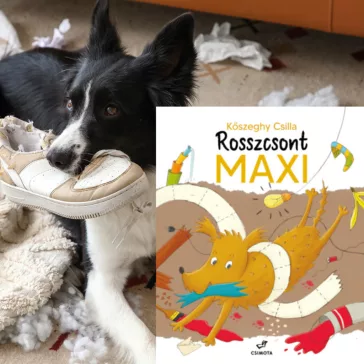 A képen a Rosszcsont Maxi című könyv látható a háttérben egy rosszcsont kutyával.