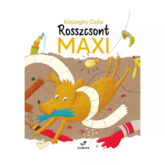 A képen a Rosszcsont Maxi című könyv látható a háttérben egy rosszcsont kutyával.