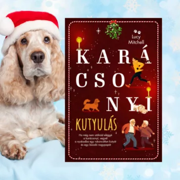 A képen a Karácsonyi kutyulás című könyv látható a háttérben egy spániel.