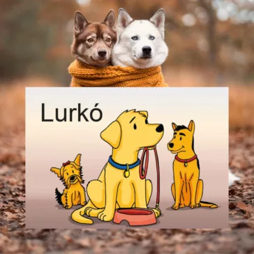 A képen a Lurkó című könyv látható két kutyával a háttérben.