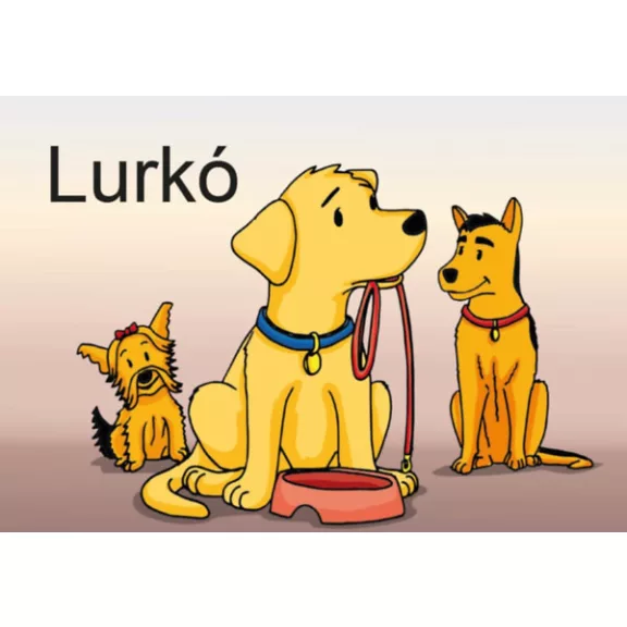 A képen a Lurkó című könyv látható két kutyával a háttérben.