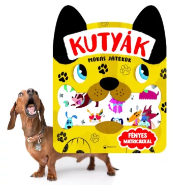 A képen a Kutyák mókás játékok című könyv látható a háttérben egy tacskóval.