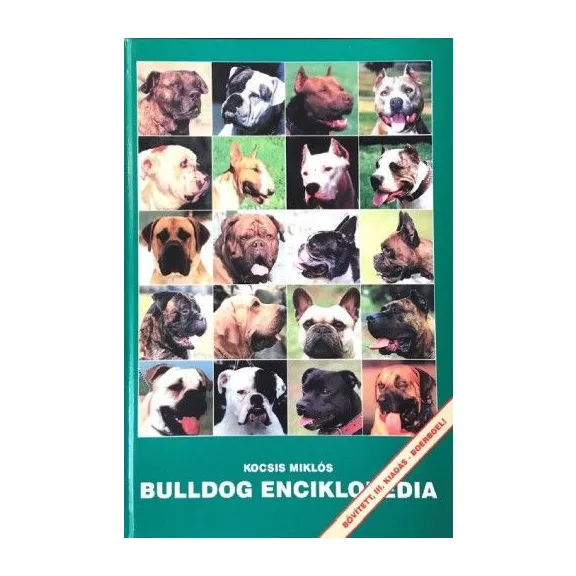 A képen a Bulldog enciklopédia című könyv látható egy bulldoggal a háttérben.