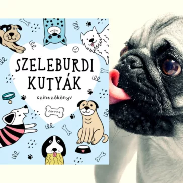 A képen a Szeleburdi kutyák színezőkönyv című kiadvány látható a háttérben egy mopsz.