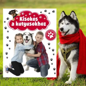 A képen a Kisokos a kutyusokhoz című könyv látható a háttérben egy husky.