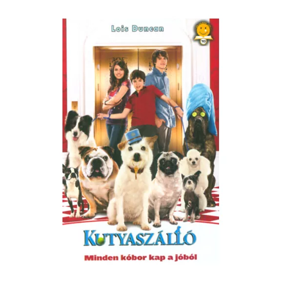 A képen a Kutyaszálló című könyv látható a háttérben kutyákkal.
