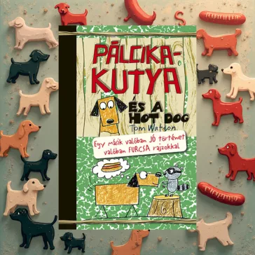 A képen a Pálcikakutya és a hot dog című könyv látható a háttérben kutyákkal és virslikkel.
