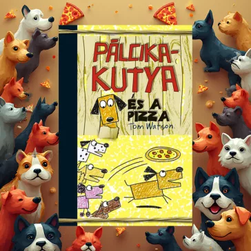A képen a Pálcikakutya és a pizza című könyv látható a háttérben pizzákkal és kutyákkal.