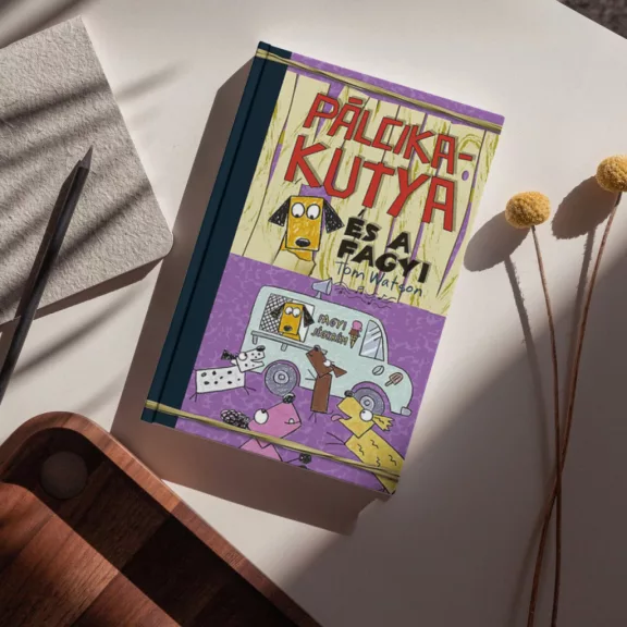 A képen a Pálcikakutya és a fagyi című könyv látható fagyival a háttérben.