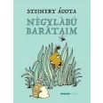 A képen a Négylábú barátaim című könyv látható a háttérben egy kutyával és egy csigával.