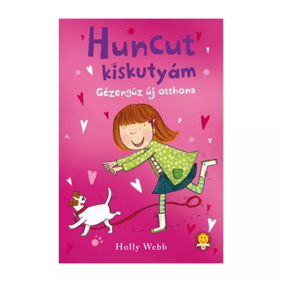 A képen a Gézengúz új otthona című könyv látható a háttérben egy kislány és kutyája.