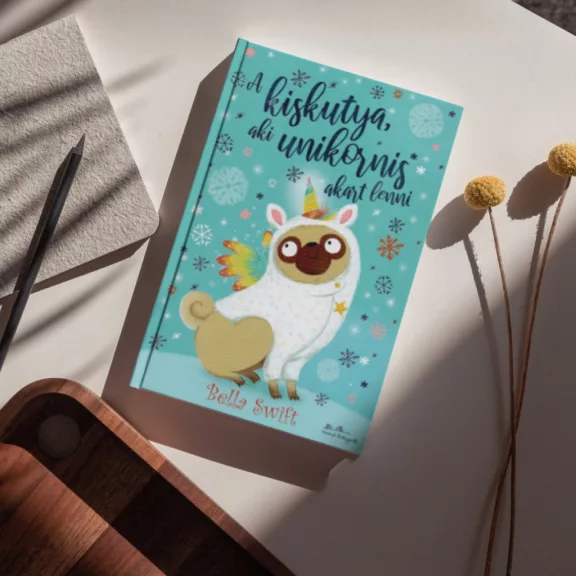 A képen az A kiskutya aki unikornis akart lenni című könyv látható unikornisokkal a háttérben.