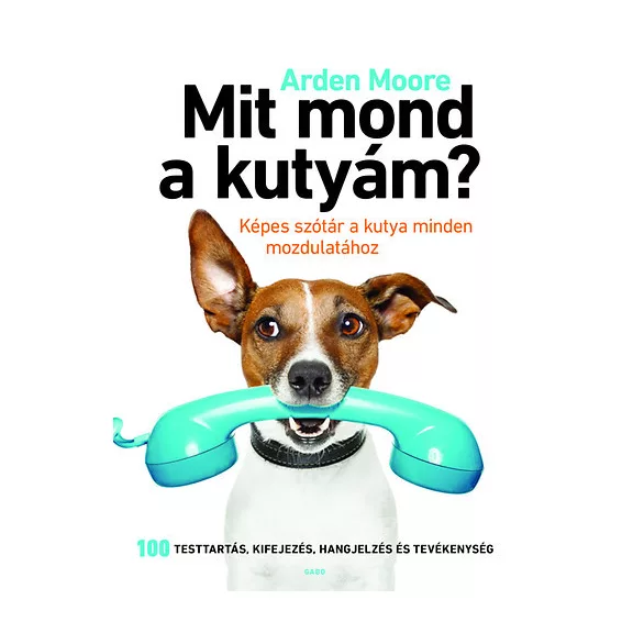 A képen a Mit mond a kutyám című könyv látható a háttérben egy telefonáló kutya.