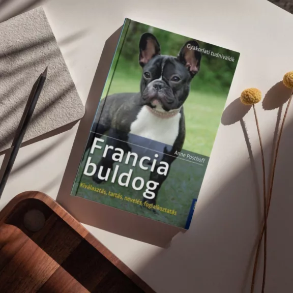 A képen a Francia buldog című könyv látható a háttérben egy francia buldog.
