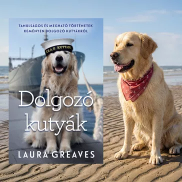A képen a Dolgozó kutyák című könyv látható egy golden retriever kutyával a háttérben.