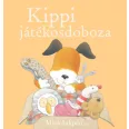 A képen a Kippi játékosdoboza című könyv látható egy játszó kutyával a háttérben.