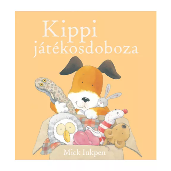 A képen a Kippi játékosdoboza című könyv látható egy játszó kutyával a háttérben.