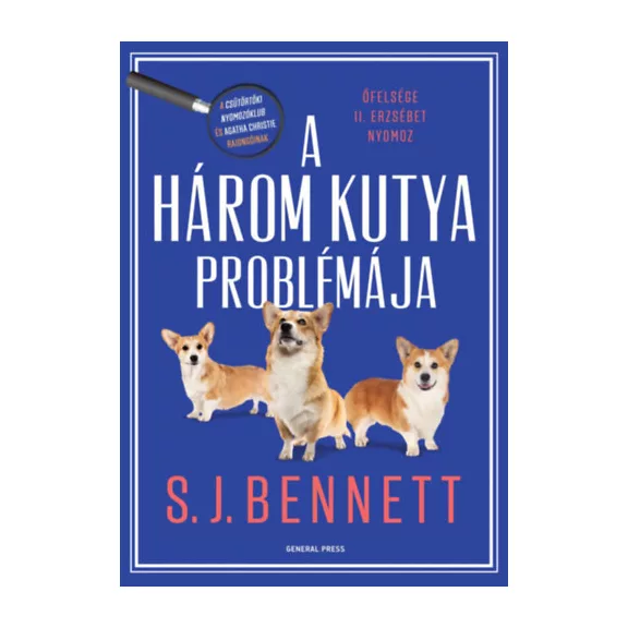 A képen A három kutya problémája című könyv látható a háttérben két kutyával.