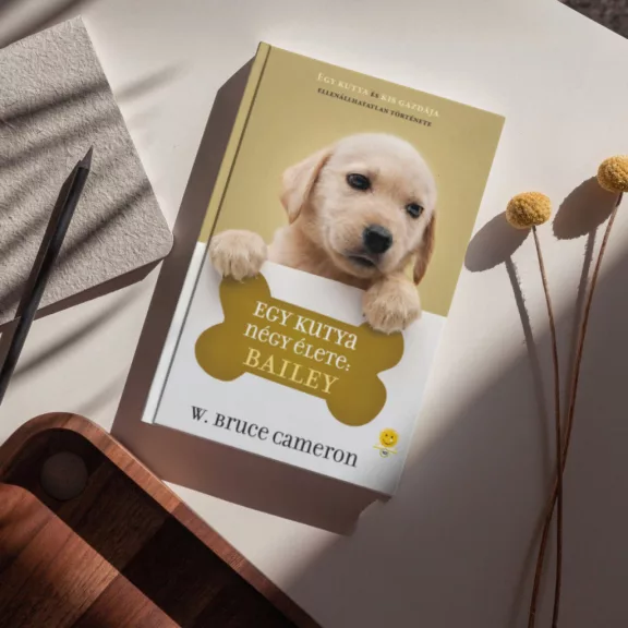 A képen az Egy kutya négy élete: Bailey című könyv látható a háttérben egy labrador.