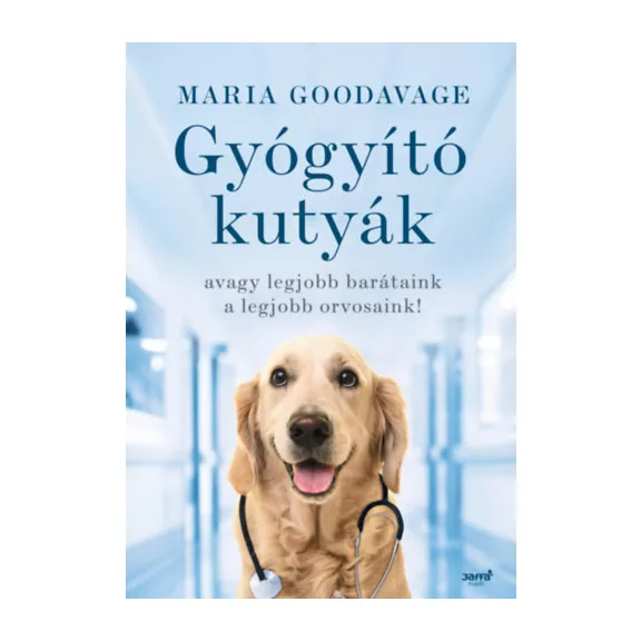 A képen a Gyógyító kutyák című könyv látható a háttérben szaladó kutyákkal.