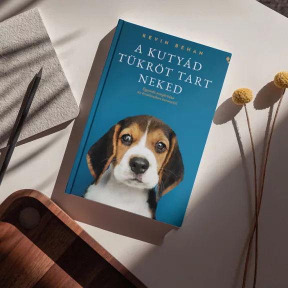 A képen A kutyád tükröt tart neked című könyv látható a háttérben egy beagle akit gazdája ölel.