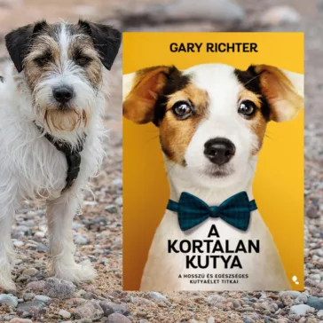 A képen A kortalan kutya című könyv látható egy terrierrel a háttérben.