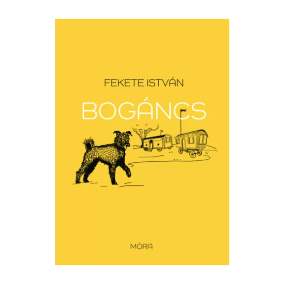 A képen a Bogáncs című könyv látható a háttérben egy pumi.