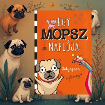A képen az Egy mopsz naplója című könyv látható a háttérben mopszokkal.