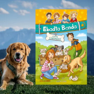 A képen a Lotta a megmentő című könyv látható a háttérben egy golden retriever.