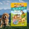 A képen a Lotta a megmentő című könyv látható a háttérben egy golden retriever.