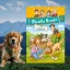 A képen a Lotta a megmentő című könyv látható a háttérben egy golden retriever.