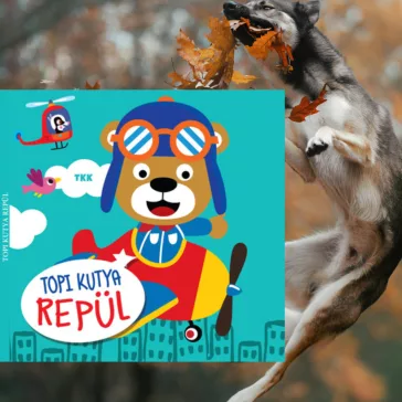 A képen a Topi kutya repül című mesekönyv látható a háttérben egy kutyával.