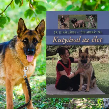 A képen a Kutyával az élet című könyv látható a háttérben egy németjuhász.
