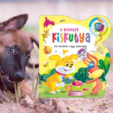 A képen A nyomozó kiskutya című könyv látható a háttérben egy malinois kölyök.