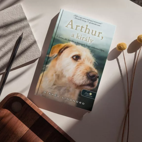 A képen az Arthur, a király című könyv látható a háttérben egy kutyával.