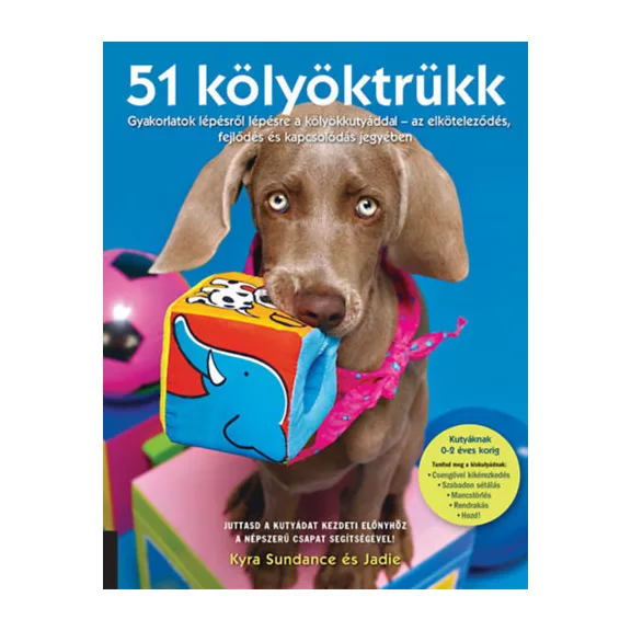 A képen az 51 kölyöktrükk című könyv látható két vizslával a háttérben.