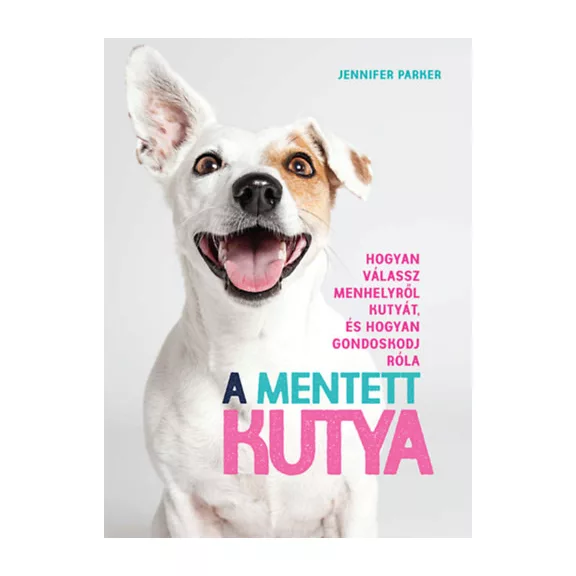 A képen A mentett kutya című könyv látható a háttérben egy kutyáját ölelő gazdival.