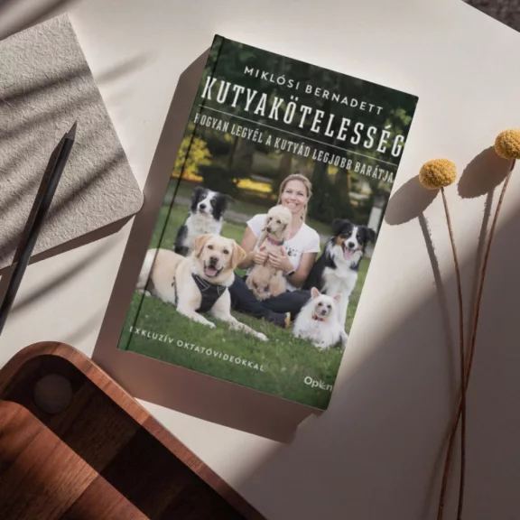 A képen a Kutyakötelesség című könyv látható a háttérben kutyákkal.