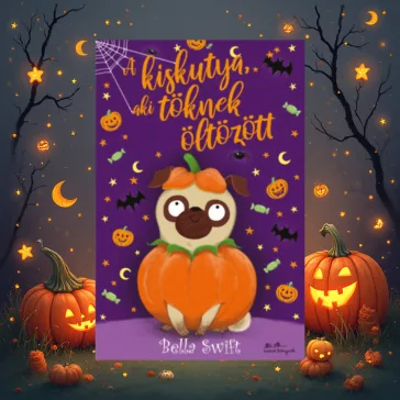A képen az A kiskutya aki töknek öltözött című könyv látható tökökkel a háttérben.