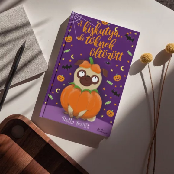 A képen az A kiskutya aki töknek öltözött című könyv látható tökökkel a háttérben.