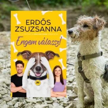 A képen az Engem válassz című könyv látható a háttérben egy kutya.