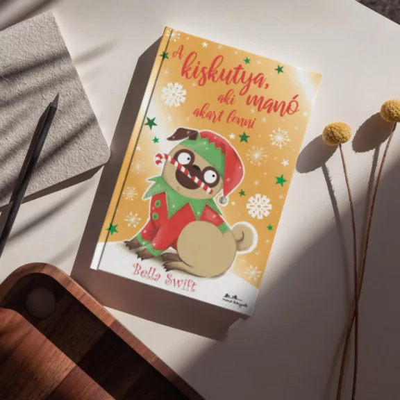 A képen az A kiskutya aki manó akart lenni című könyv látható két manóval a háttérben.